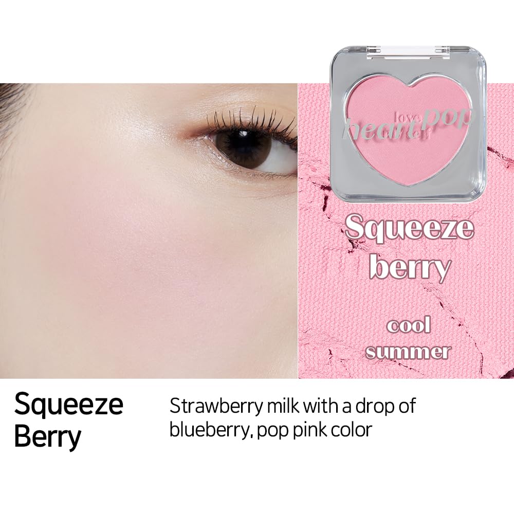 ETUDE Heart Pop Blush, Cool Berry Cheek Color, Natural Highlight & Glossy Finish, Lightweight Formula, Compact 0.2 oz – Squeeze Berry