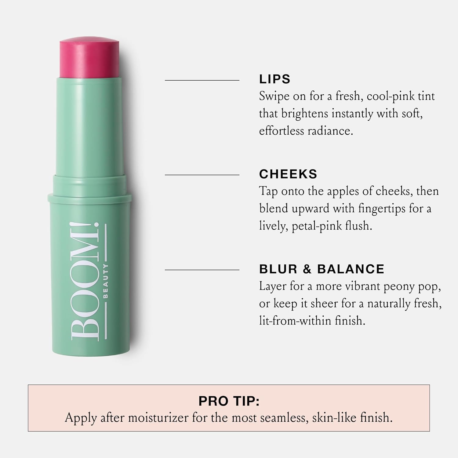 Boomstick Peony Pink ™ - Multistick for Cheeks & Lips - Vegan, Cream Blush Stick & Lipstick - Makeup for Older Women & Mature Skin Boom Stick By Cindy Joseph