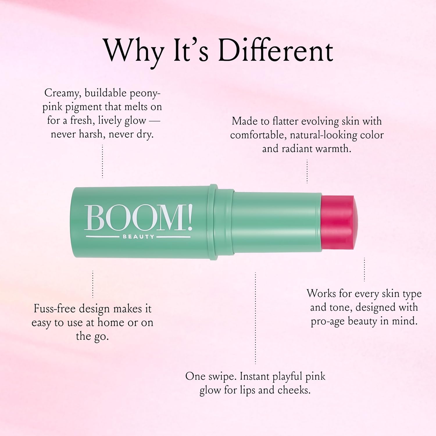 Boomstick Peony Pink ™ - Multistick for Cheeks & Lips - Vegan, Cream Blush Stick & Lipstick - Makeup for Older Women & Mature Skin Boom Stick By Cindy Joseph