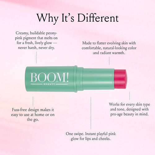 Boomstick Peony Pink ™ - Multistick for Cheeks & Lips - Vegan, Cream Blush Stick & Lipstick - Makeup for Older Women & Mature Skin Boom Stick By Cindy Joseph